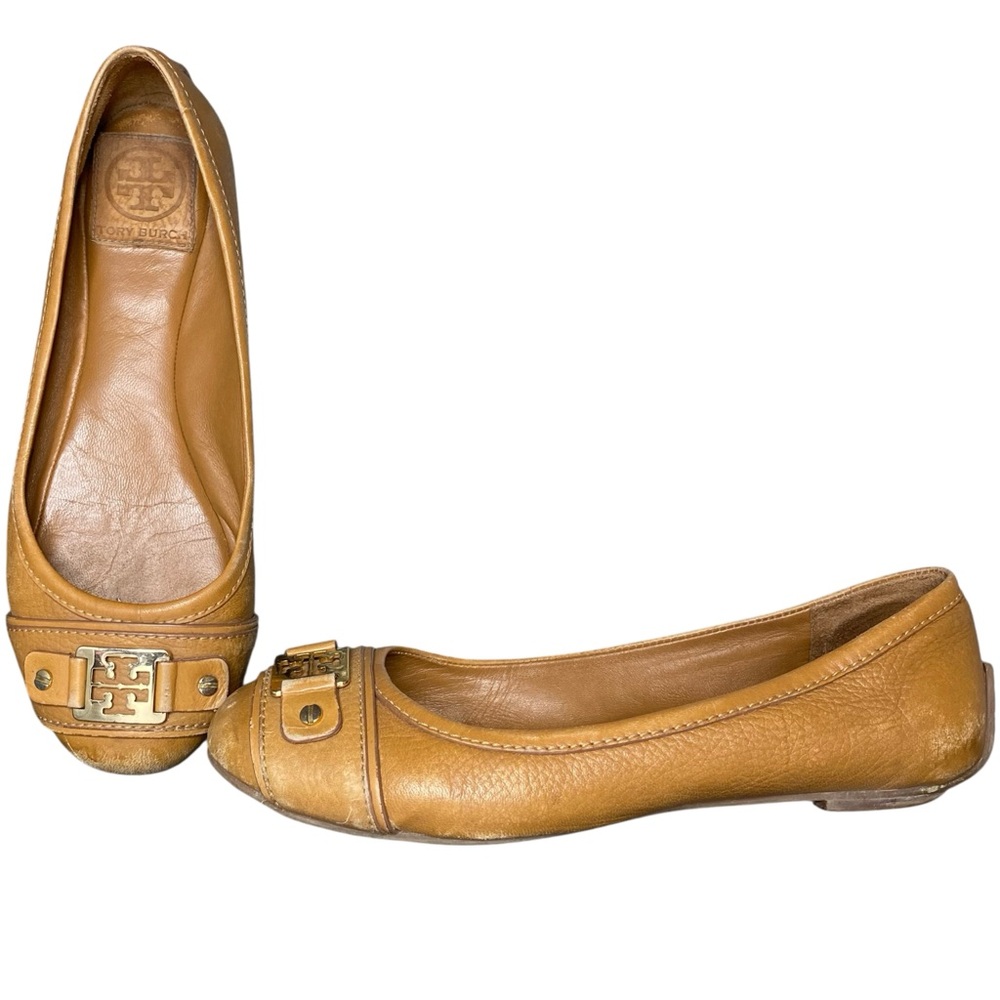 Tory Burch Tan Leather Logo Ballet Flats